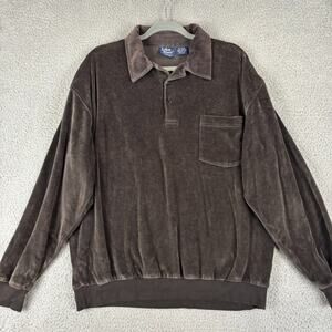 VTG John Blair Velour Shirt Mens XL Brown BandePullover Pocket Long Sleeve Retro